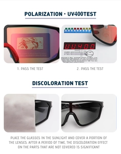Polarized sports sunglasses detail showing UV400 protection and photochromic lens test