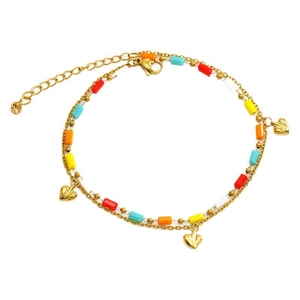 Double-layer gold stainless steel anklet with colorful beads and heart charms