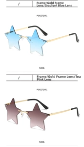 Macro detail of star-shaped rimless sunglasses with gold metal temples and gradient lenses