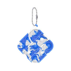 Close-up of diamond-shaped blue marble silicone fidget toy with a silver ball chain