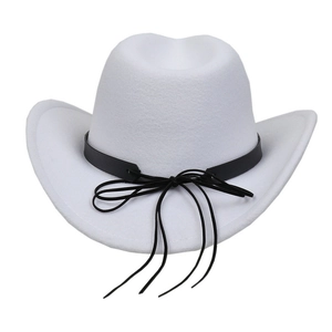 Detailed close-up of a white felt cowboy hat with a slim black decorative band