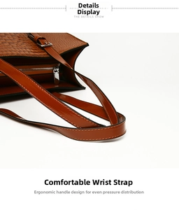 Detailed close-up of brown faux leather tote showing woven texture and silver zipper