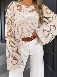 Bohemian crochet lace cover-up top with hollow floral patterns and long flare sleeves