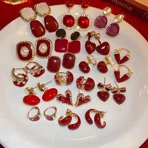 Retro red and gold heart square stud earring set with silver needles for women