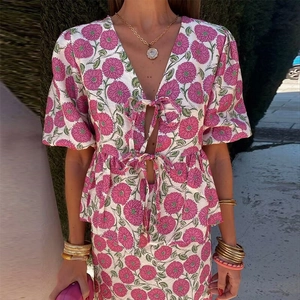 Ensemble Haut Et Jupe Imprimé Floral Pour Femme Polyester Haut À Basque Col En V Et Jupe Longue Style Vacances