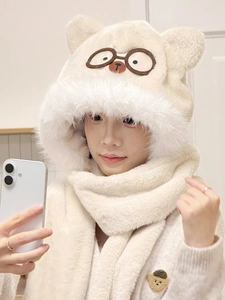 Detail of plush bear ear hood scarf featuring cute bear embroidery and fuzzy trim