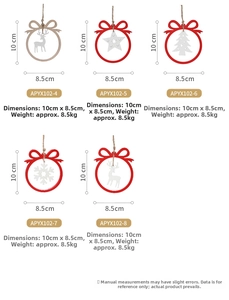 Detailed view of 5 wooden Christmas ornaments featuring reindeer and snowflake designs