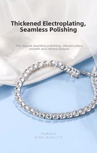 Detail showing high-polish tennis bracelet with four-prong set round white zircons