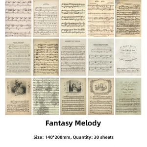 Close-up of vintage music sheet scrapbooking paper with retro notes and 140x200mm size