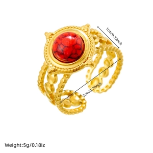 Bohemian gold plated stainless steel wide open ring with round red turquoise stone