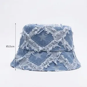 Star pattern frayed denim sun hat with 15cm deep bucket design for full head coverage