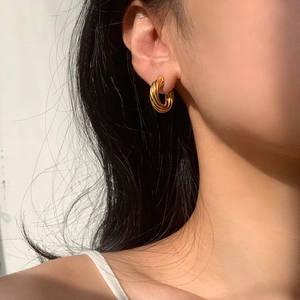 Fashionable 18K gold plated stainless steel triple twisted hoop earrings for women
