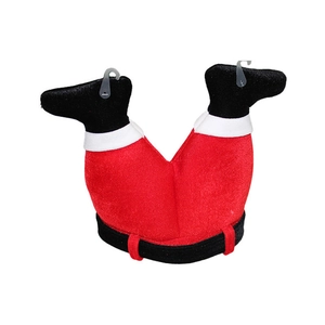 Detailed view of plush red Santa pants hat with black belt and fuzzy white cuffs