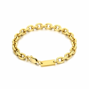 Gold titanium steel link chain bracelet with polished rectangular pendant on white background