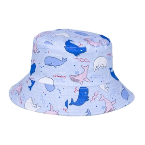 Blue reversible bucket hat with cartoon dolphin print and swimming time text