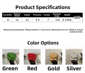 Detailed size chart for mini metal chain bag with dimensions for handle and strap
