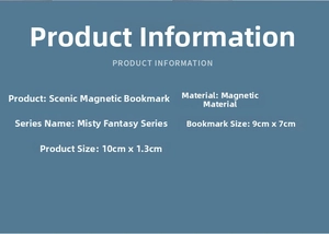 Detailed specifications card for magnetic bookmarks showing material and dimensions