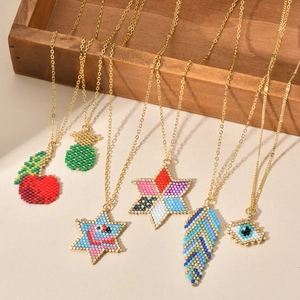 Bohemian Handmade Seed Bead Woven Pendant Necklace For Women Copper Gold Plated Star Evil Eye Fruit Leaf Colorful Jewelry Gift