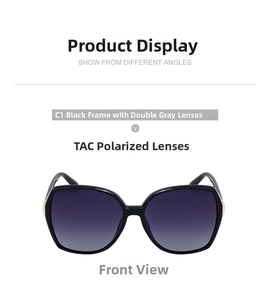 Vue de face de lunettes de soleil carrées polarisées noires avec verres TAC dégradés