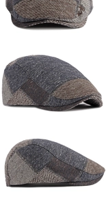 Detailed views of multi-color herringbone newsboy hat with stitched panel design