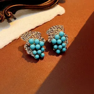 Vintage Grape Cluster Stud Earrings With Silver Earring Post Alloy Leaf Rhinestone Blue Beads Retro Jewelry For Women