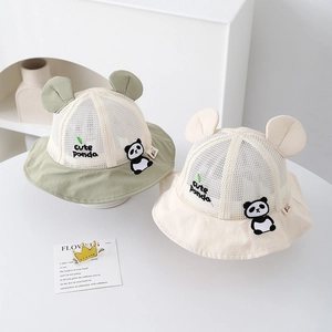Toddler mesh sun hat featuring cute panda embroidery and ears in green and white colors