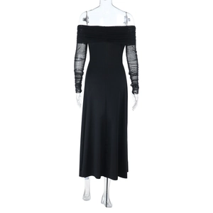 Detail of off-the-shoulder black dress featuring sheer mesh long sleeves and slim fit cut
