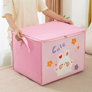 Close-up of pink large capacity storage bag with cute rabbit print and sturdy handles