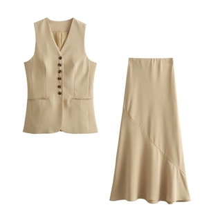 Detailed flat lay of beige V-neck waistcoat and asymmetrical skirt two-piece suit set