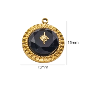 Detailed view of 15mm round gold star charm with black faceted stone and metal frame