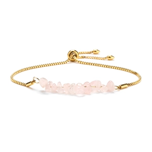 Adjustable stainless steel gold chain bracelet with natural pink stone fragments