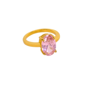 Detailed view of 18K gold plated ring featuring a large oval pink zircon in 4-prong setting