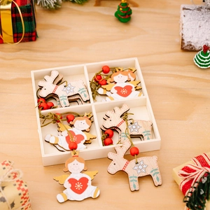 Wooden Christmas ornaments set featuring reindeer and angel figures in a wooden box