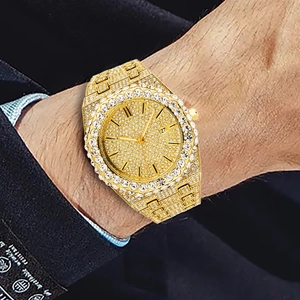 Luxury gold iced out men's quartz watch featuring full diamond setting and octagonal bezel