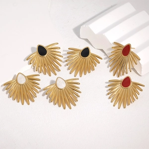 Boucles D'oreilles Puces En Forme D'éventail Acier Inoxydable Plqué Or 18K Émail Goutte D'huile Géométrique Pour Femmes