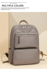 Detailed view of lightweight nylon backpack with large storage and greyish brown finish