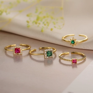 Retro Gold Plated Copper Adjustable Open Ring For Women With Square Zircon Star Geometric Minimalist Finger Jewelry