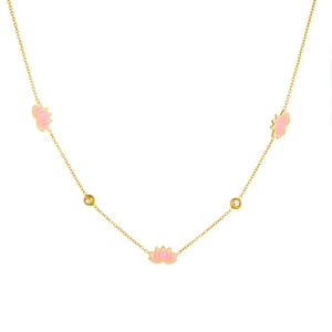 Elegant gold necklace with three pink lotus flower charms and sparkling round crystals