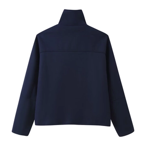 Rear view of dark blue high-neck buttoned coat with clean horizontal stitch detailing