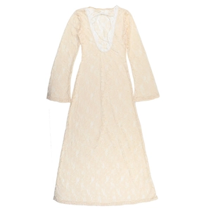 Detailed view of the back deep V-neck tie closure and delicate apricot lace texture
