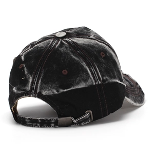 Vintage distressed black denim baseball cap with adjustable metal buckle and washed finish