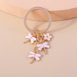 Creative cartoon pink dragonfly and flower keychain accessory with gold-plated metal ring