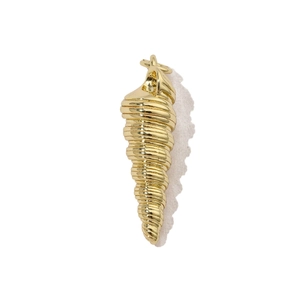 Detailed view of a spiral conch shell pendant in polished gold metal with clear textures