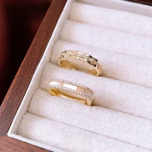 14K gold plated ripple ring with pavé diamonds and white shell inlay in wooden box