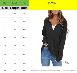 Size chart showing bust and length measurements for women's hooded jacket from S to 5XL