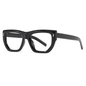 Glossy black retro square eyeglasses with anti-blue light lenses and metal rivets