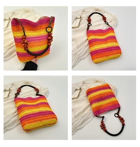 Detail views of striped rainbow straw bucket bag with beaded wooden handle from multiple angles