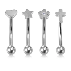 Polished stainless steel curved barbells set with star, heart, flower, and cross studs