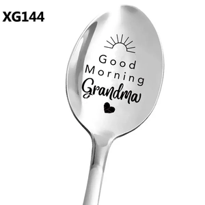 Polished stainless steel spoon detail featuring Good Morning Grandma text and sun engraving
