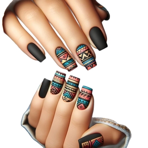 Matte black and geometric tribal pattern medium-length press-on nails set for women